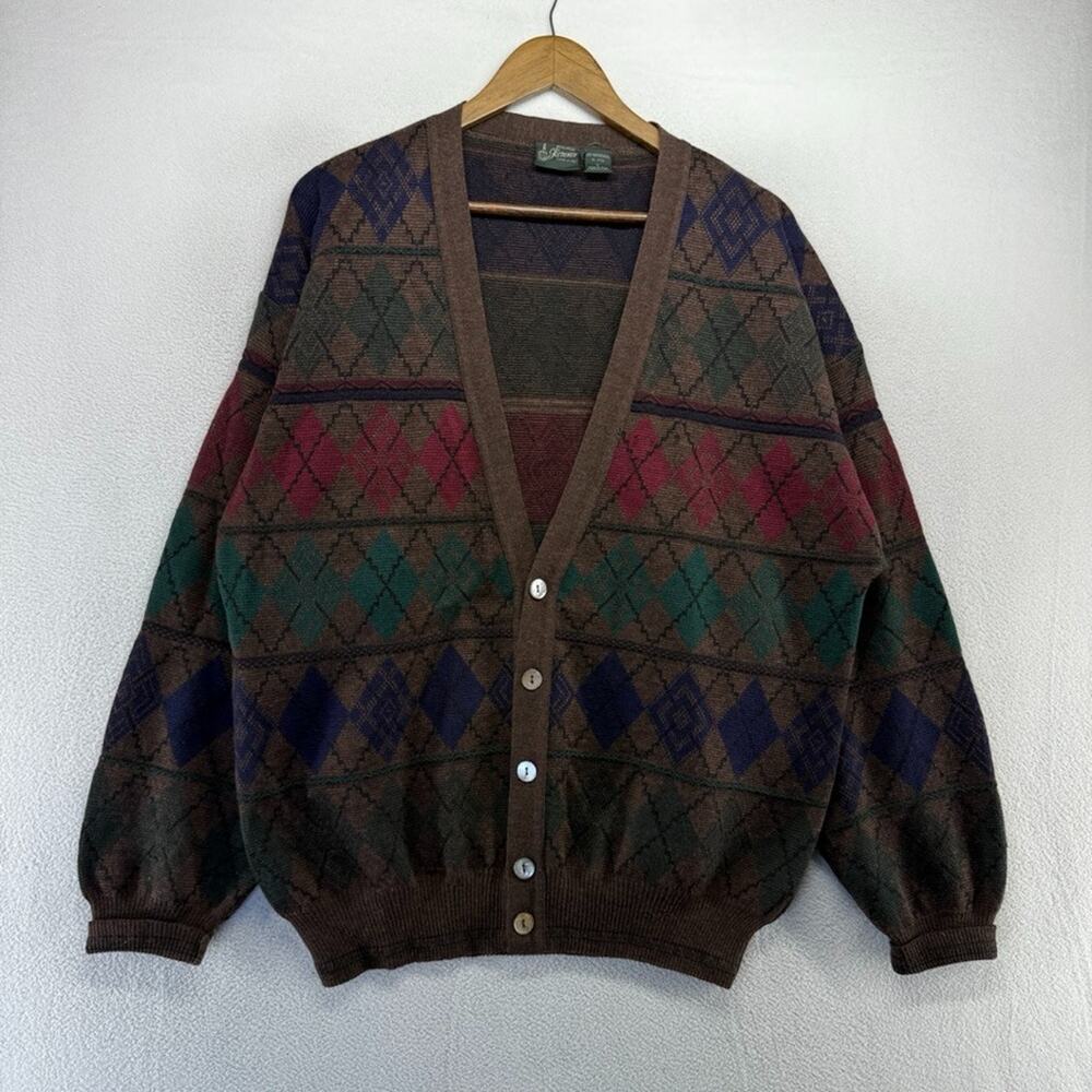 Vintage Florence Sweater men's large Brown Merino Wool Diamond Italy Grandpa 90s